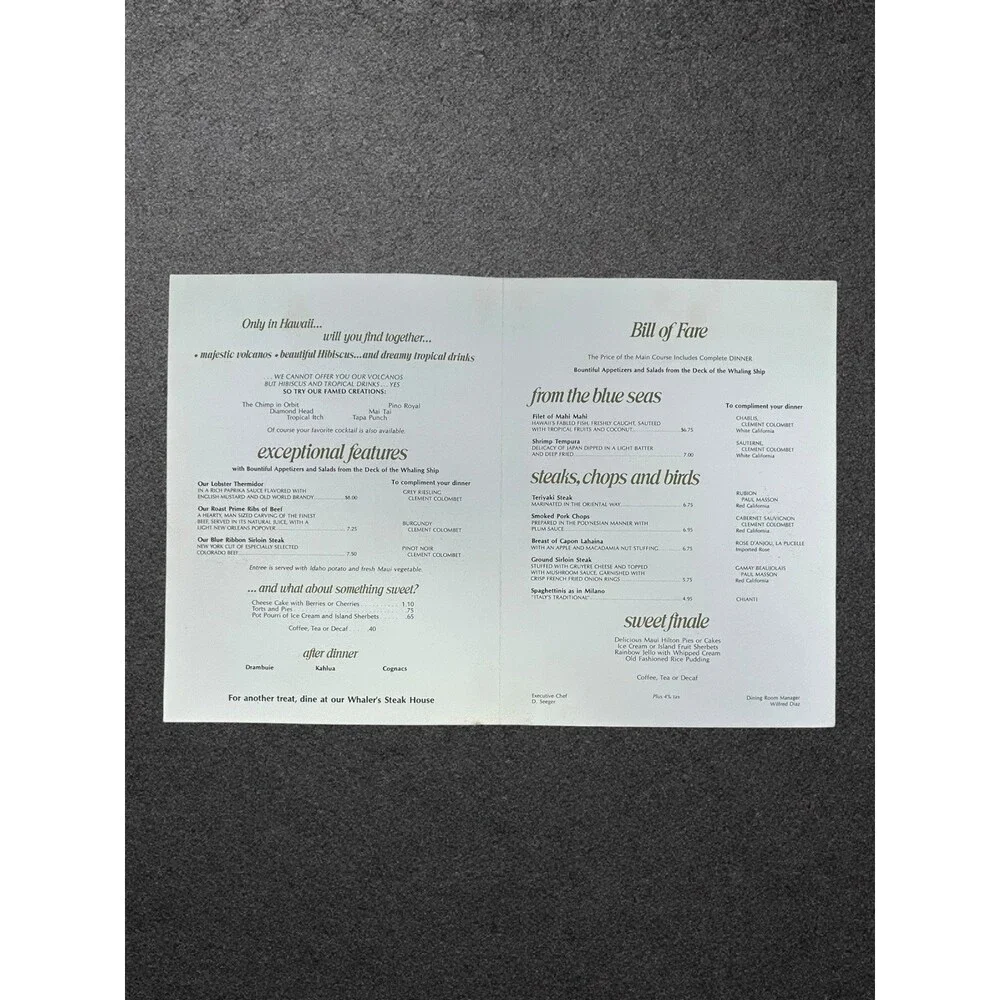 Vtg Maui Hilton Hotel Lokelani Room Menu Cover Hawaii Richard Evans Whaling Ship